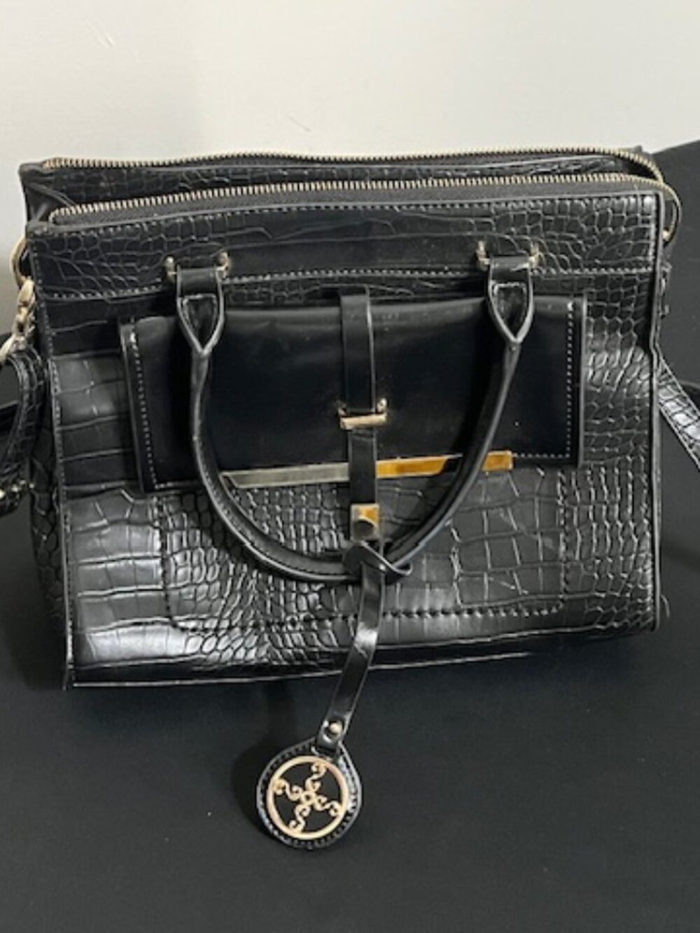 Stauer Black Faux Crocodile Shoulder Bag